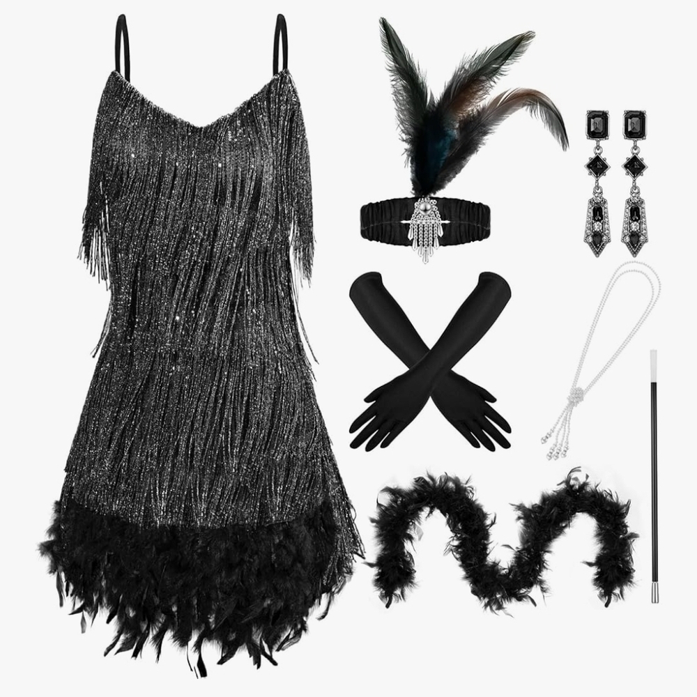 Amazon Black Sequin Fringe Flapper Dress with Gloves & Feather Headband